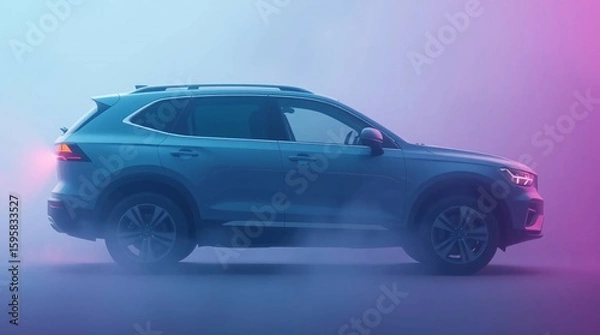 Fototapeta An SUV, free of logos and branding, depicted in a soft, dreamy atmosphere using cool blues, greens, and purples, with hazy soft light