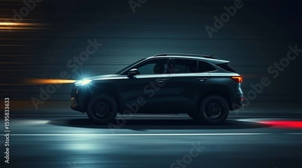 Fototapeta Modern flat design SUV in dynamic motion. Intense dramatic lighting, blurred lines, simple two-dimensional shapes, high contrast, creating tension