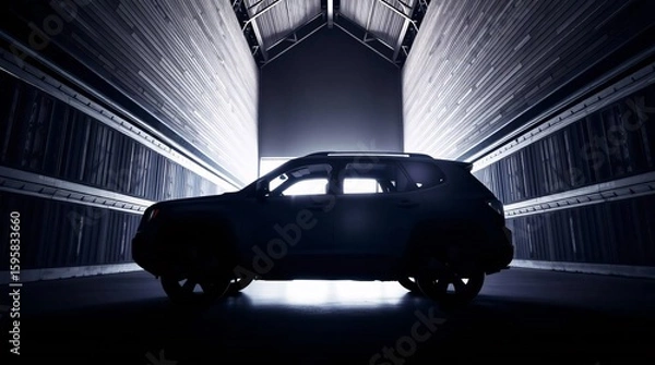 Fototapeta High-angle perspective, architectural color photograph of an SUV, no logo or brand, sharp lines, detailed structures, wide angles, silhouetted against a bright light source from behind