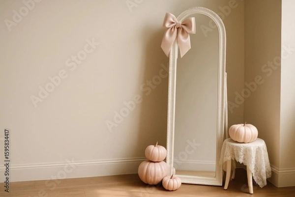 Fototapeta coquette halloween mirror setup with pumpkins and lace stool in romantic room, left side left empty for text, concept of editorial layout, pastel branding, feminine seasonal visual