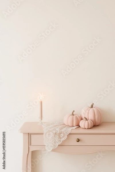 Fototapeta coquette halloween setup with pumpkins, candles and lace on vertical console table, soft pastel styling with open area above for text or promotional layout, concept of visual branding, seasonal editor