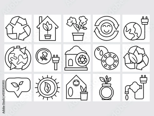 Fototapeta Clean line-style icons for eco energy, recycling, green tech, and environmental care. Great for print, digital interfaces, and modern minimalist design projects.