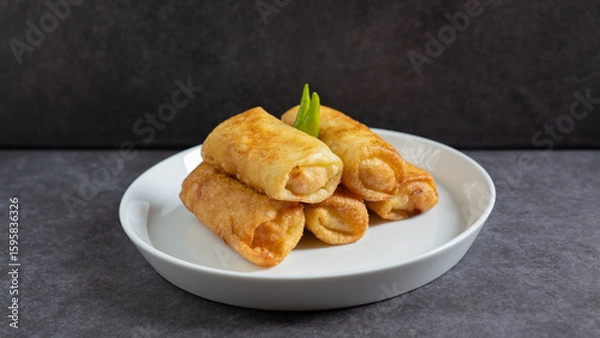 Obraz Sosis Solo (Sausage Solo). Special designation for a chicken dish wrapped in an omelet and shape like sausagea. Traditional Indonesian meat snack, served on a white plate with green chili garnish.