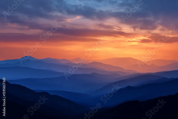 Obraz Layers of Mountains in a Colorful Sunrise Mist