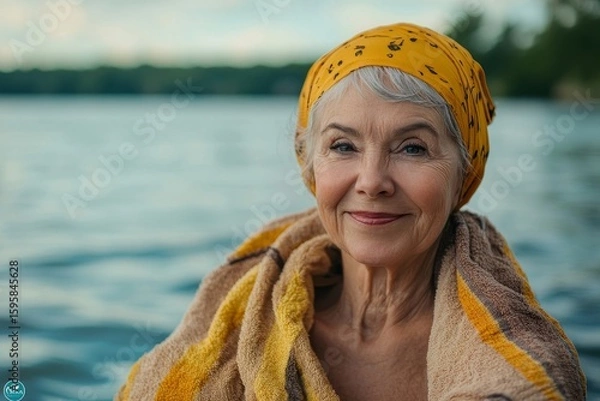 Fototapeta Portrait of an active senior woman swimmer drying herself with a towel outdoors by the lake, showcasing the benefits of swimming for senior health, Generative AI