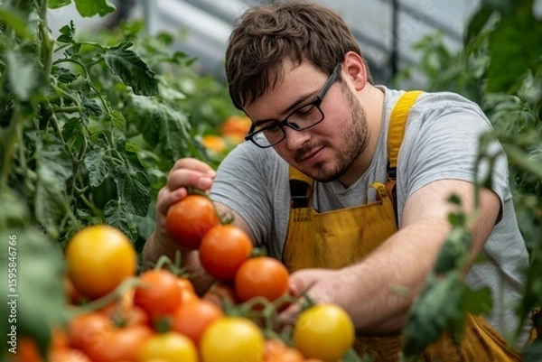Fototapeta Down syndrome adult man gathering tomatoes in a greenhouse, promoting inclusive work environments and highlighting the value of individuals with disabilities in gardening, Generative AI
