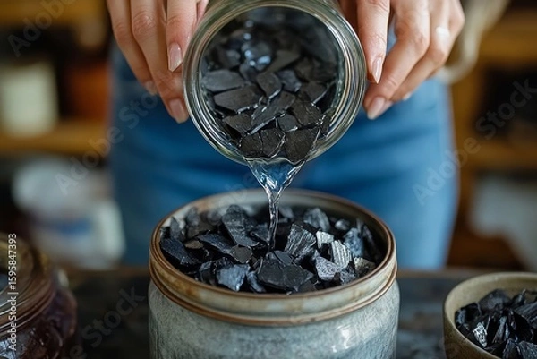 Fototapeta Girl pouring water from a jar containing shungite stones, showcasing the concept of water purification and the use of natural materials for health and wellness, Generative AI