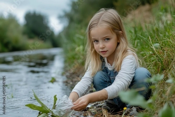 Fototapeta Little girl picking up litter along a riverbank, promoting eco-activism and environmental awareness for future generations, Generative AI