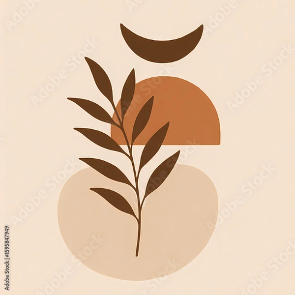 Fototapeta Abstract Boho Botanical with Geometric Shapes – Earth Tone Minimalist Art