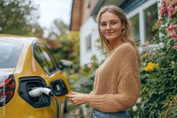 Fototapeta Young woman holding the power supply cable from her electric car, preparing to charge it at home, showcasing sustainable transportation practices and an eco-friendly lifestyle, Generative AI