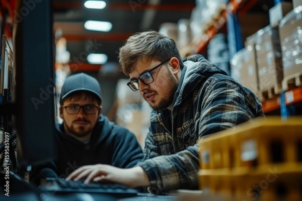 Fototapeta Young man with Down syndrome working in a warehouse, learning to use a computer with the help of a colleague, promoting workplace inclusivity and support for individuals, Generative AI