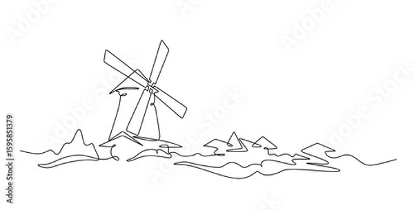 Obraz Continuous one line drawing windmill.An old mill on the plain. One continuous line isolated minimal illustration.