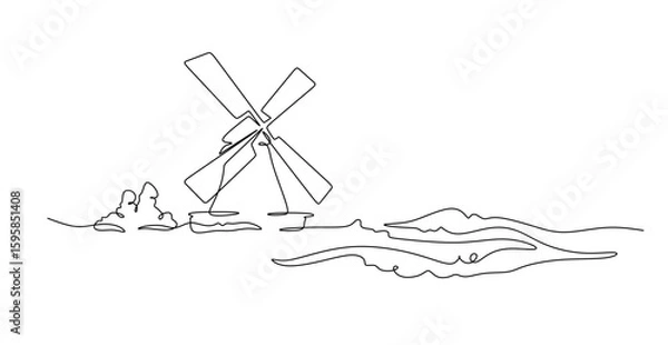 Obraz Continuous one line drawing windmill.An old mill on the plain. One continuous line isolated minimal illustration.