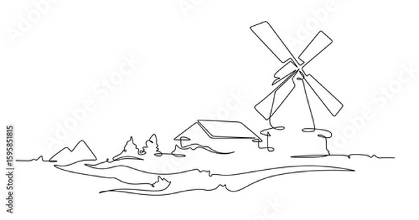 Obraz Continuous one line drawing windmill.An old mill on the plain. One continuous line isolated minimal illustration.