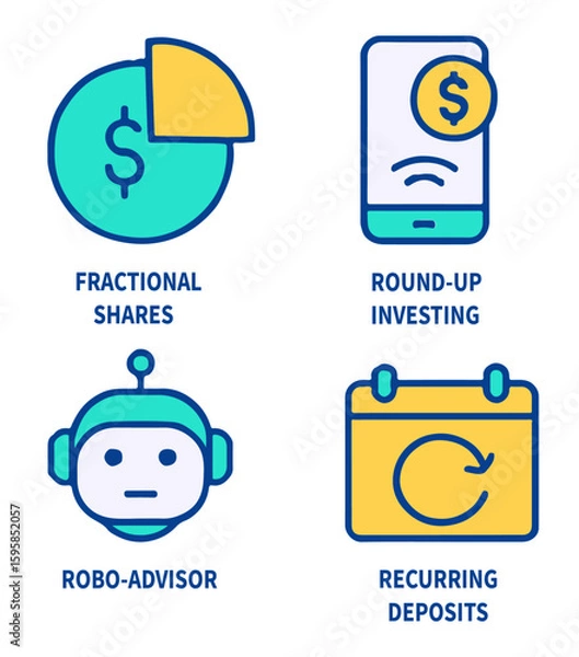 Fototapeta Micro Investing Icons Set for Fractional Shares, Round-Up Automation, and Robo Advisor UI in Modern Personal Finance Apps
