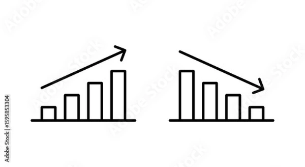 Fototapeta Outline bar chart icon with upward and downward trend arrow. Uptrend and downtrend business graph symbol