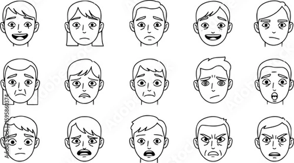 Fototapeta facial expressions, set of faces, different emotions, simple line drawing, minimalism, black and white, emotions chart