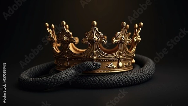 Obraz Opulent Gold Crown with Black Snake: Regal Power and Mysterious Enchantment