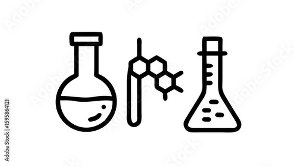 Fototapeta Illustration of science beakers and molecular structure in black and white simple outline design created with generated ai