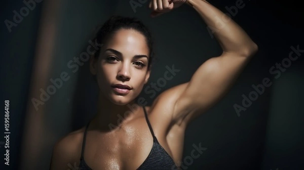 Fototapeta Powerful woman flexing biceps in front of mirror with dramatic lighting