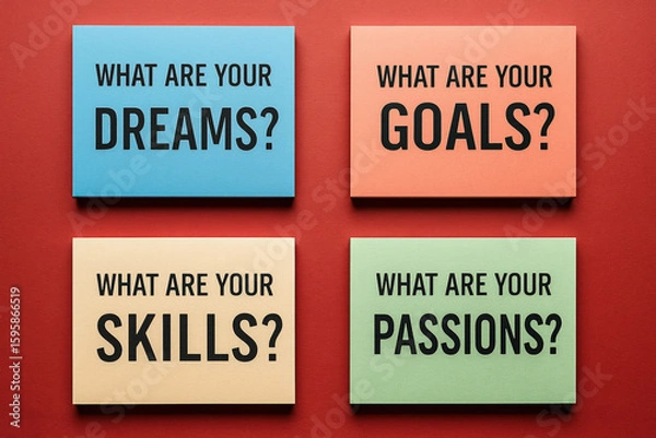 Fototapeta Inspirational Questions on Colorful Cards Asking About Dreams, Goals, Skills, and Passions