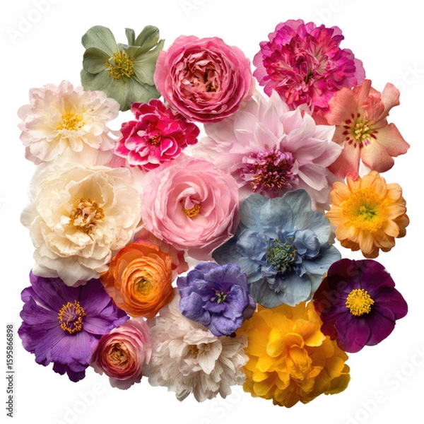 Obraz Vibrant floral arrangement.  A top-down view of a cluster of various flowers in a mix of pastel and bold colors.  Roses, peonies, and other blossoms create a colorful, diverse display