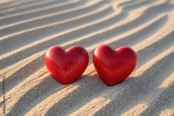 Fototapeta Pair of Red Hearts on Sand with Linear Patterns Symbolizing Deep Affection and Intertwined Destinies