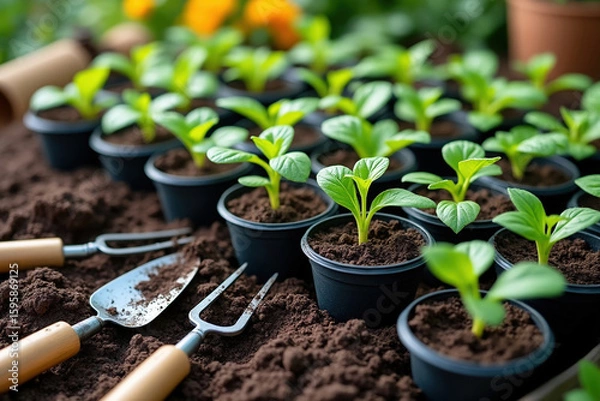 Fototapeta Seedlings in Pots Ready for Planting A Collection of Young Plants with Gardening Tools Nearby