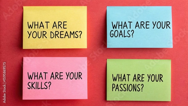 Fototapeta Self Discovery Questions Dreams Goals Skills Passions on Colorful Sticky Notes Motivation and Personal Growth