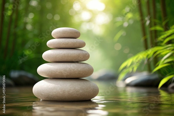 Fototapeta Stacked Stones in Water A Serene Scene of Balanced Rocks in a Calm Stream with Lush Greenery