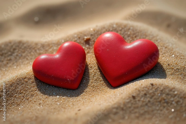Fototapeta Two Red Hearts on Sandy Beach Symbolizing Affection and Connection in a Natural Coastal Environment