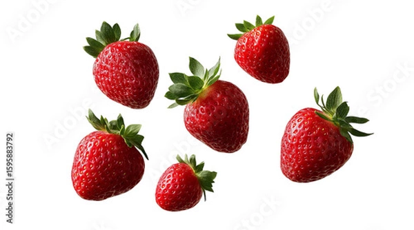 Fototapeta A variety of strawberries floating in the air, arranged neatly isolated on a transparent background in PNG format.