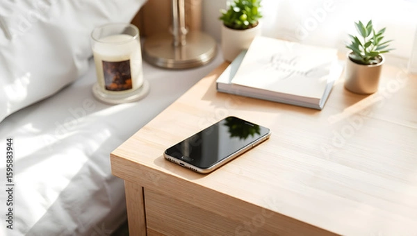 Fototapeta A smartphone on a nightstand next to a bed, a candle and plants are visible