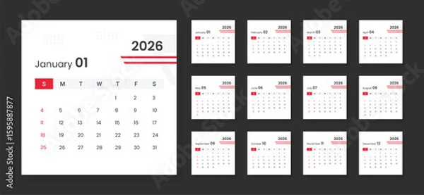 Fototapeta Modern calendar for 2026 year. Week starts on Sunday. 2026 calendar in minimalist style