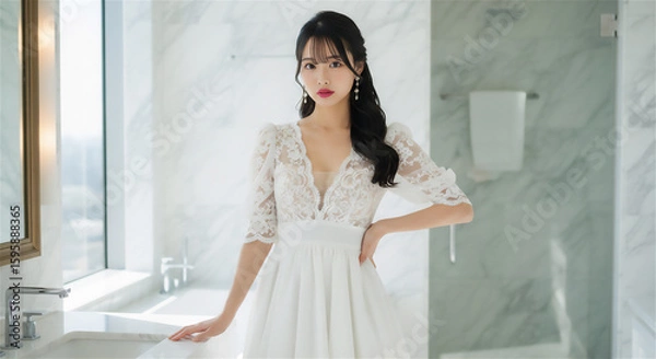 Obraz レースのホワイトドレスを着た日本人女性