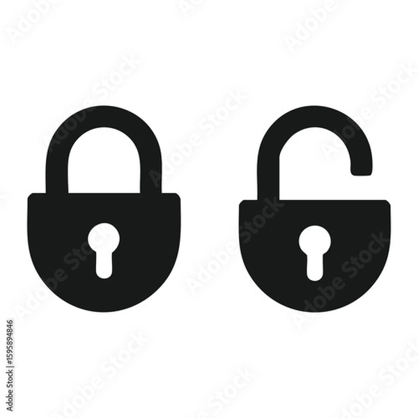 Fototapeta Black locked and unlocked padlock icons isolated on white background, security and privacy symbols for access control and data protection