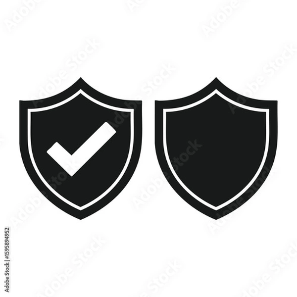 Fototapeta Black security shield icons with and without check mark, protection and verification symbols isolated on white background