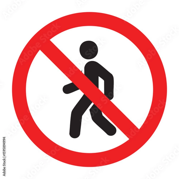 Fototapeta No pedestrian sign with red prohibition circle and walking person icon, restricted access symbol isolated on white background