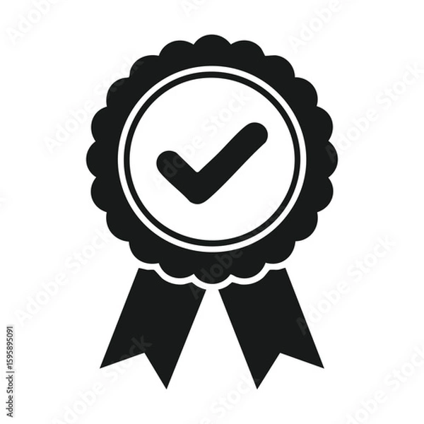 Fototapeta Black quality badge icon with check mark and ribbon, certification or approval symbol isolated on white background