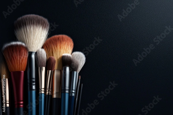 Fototapeta Set of Colorful Makeup Brushes on Black Background with Blank Copy Space