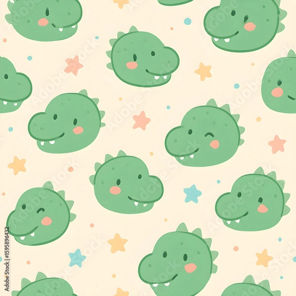 Fototapeta Seamless pattern with Dino in a cute and kawaii style