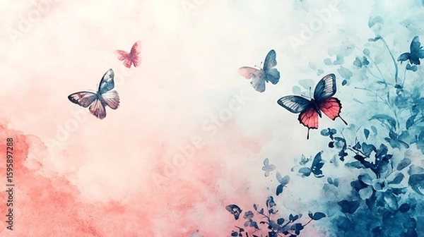 Fototapeta Blue and Red Butterfly Watercolor Art on Abstract Canvas Background,Generative Ai