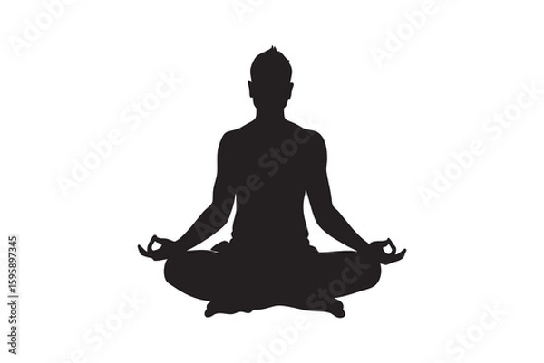 Obraz Silhouette of a man in a lotus position meditating isolated on a white background representing mindfulness, relaxation, and the practice of yoga for physical Art & Illustration