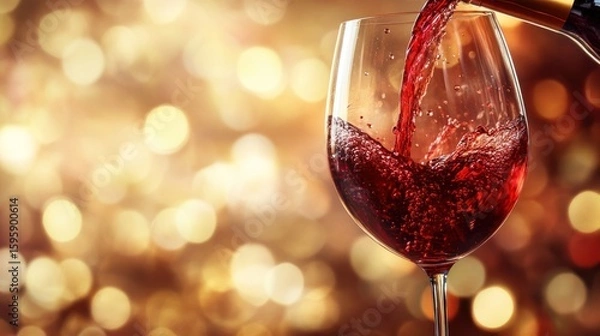 Fototapeta Crimson Cascade: A close-up shot captures the elegant act of pouring rich, ruby-red wine into a crystal glass, with a blurred background of warm.