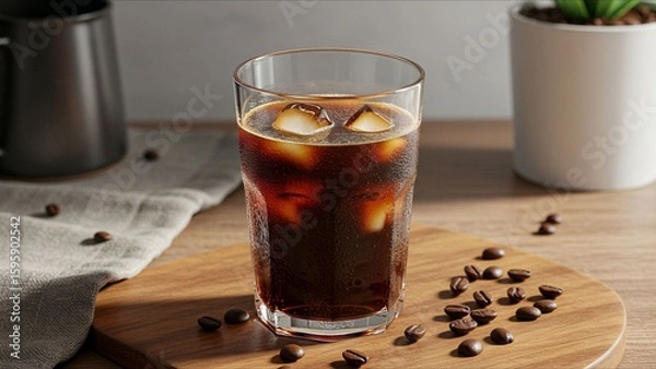 Fototapeta Iced Coffee with Beans on Wooden Surface