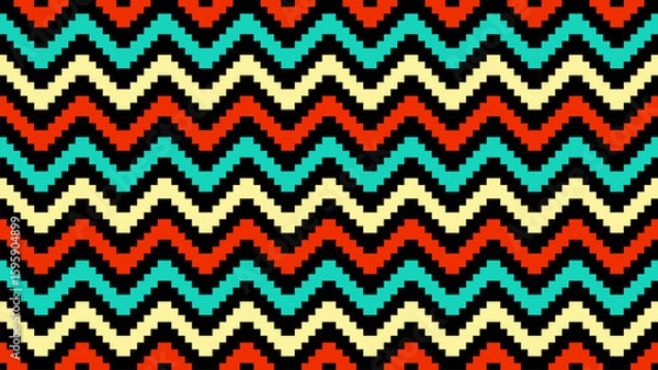 Fototapeta Seamless pixel art pattern forming colorful wavy lines with red, turquoise, and beige hues on a black background, ideal for textile and graphic design projects