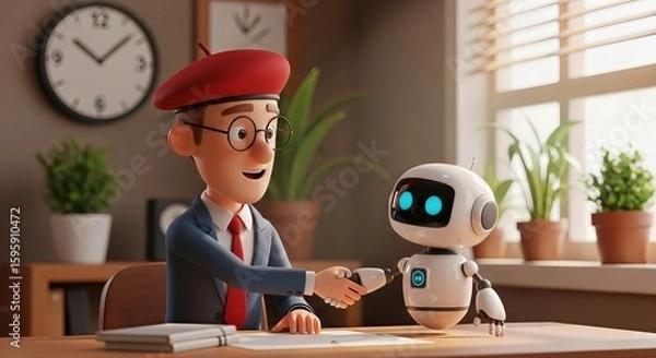 Fototapeta A friendly cartoon man wearing a red beret and glasses shakes hands with a cute robot in an office setting, symbolizing collaboration and technological advancement