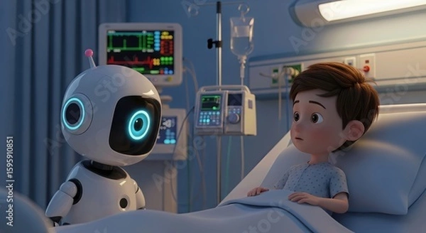 Fototapeta A friendly robot companion sits by the bedside of a young boy in a hospital room, offering comfort and support during his recovery
