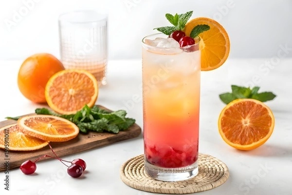 Fototapeta Refreshing layered orange and red cocktail with fresh fruit and mint garnish on a white surface