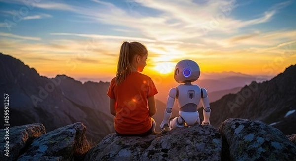 Fototapeta A young girl and a robot sit on rocks, gazing at a vibrant sunset over a mountain range, symbolizing friendship and the future of technology